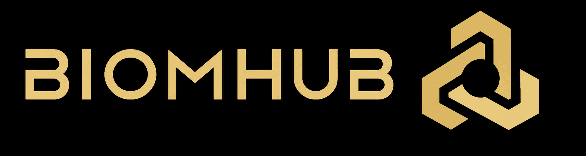 BIOMHUB — złoty wordmark z geometrycznym znakiem ruchu